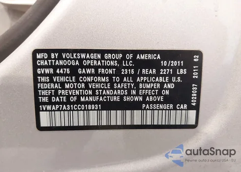 2012 Volkswagen Passat 2.5L S from USA, damaged, VIN 1VWAP7A31CC018931